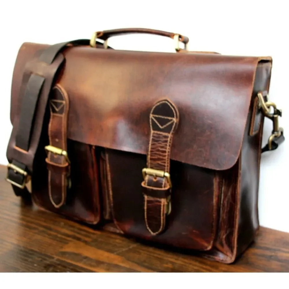 NATURAL WAX BROWN HEAVY GENUINE LEATHER BUSINESS SHOULDER BAG ATTACHE BRIEFCASE - Picture 2 of 11